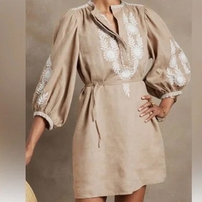 sachin and babi light blue dress Banana Republic Women's Sz Large Tan Embroidered Linen Dress 100% Cotton main image 1