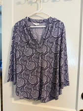 Charter Club Women's Large 3/4 Sleeve Blouse Purple Paisley V-Neck Pullover Top