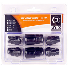 RYBO Set of 4 Alloy Wheel Locking Nuts, M14 x 1.5 (Black) - 2x Locking Keys