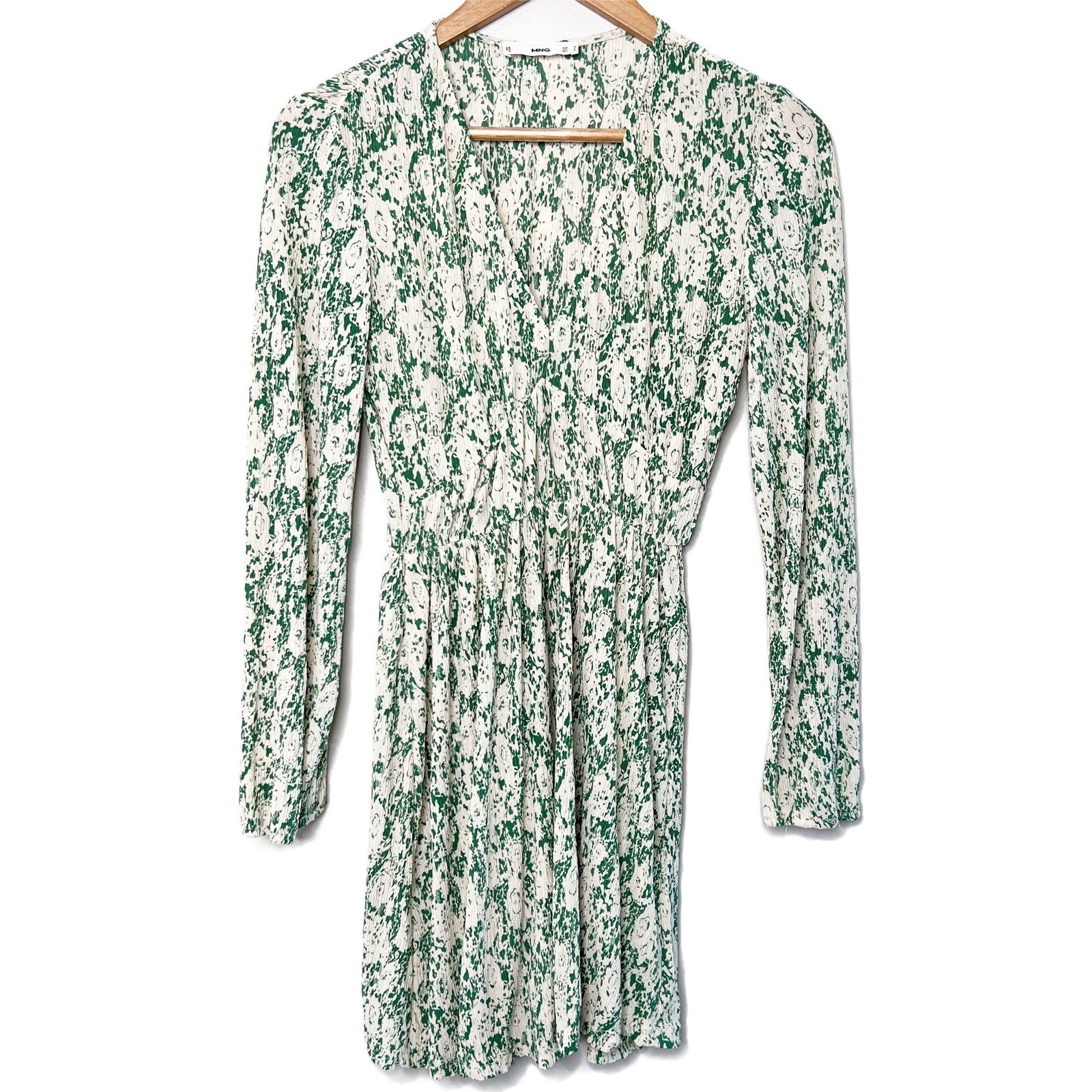 Mango MNG Green White Abstract Floral Plisse V-Neck Long Sleeve Mini Dress M image 2