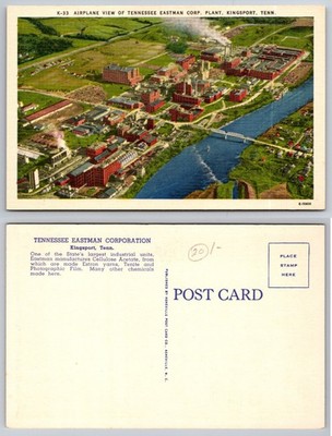 Kingsport TN Tennessee Eastman Corp Plant Aerial View Linen Postcard 1940s