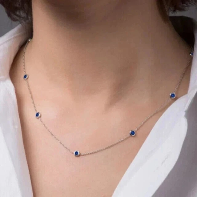 4Ct Round Cut Lab-Created Sapphire Station Necklace in 14K White Gold over 925 - Image 2 of 4