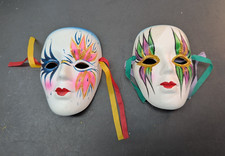 LOT OF 2 Mardi Gras Porcelain Ceramic Multi Color Face Mask Wall Hanging Jester