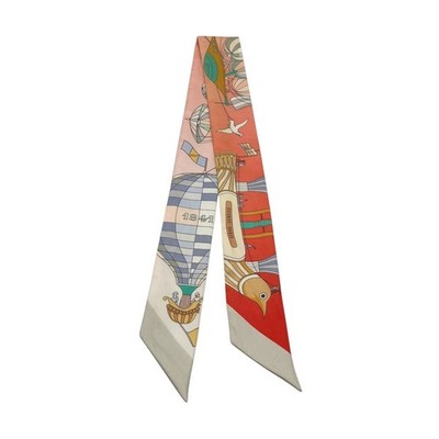 Hermes Twilly Scarf Les Folies du Ciel Red Silk 85cm Authentic Very Good gift
