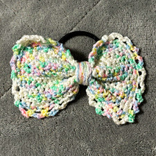 Handmade Crochet Bow Hair Tie Ponytail Holder, Girls, Multicolor/White Yarn