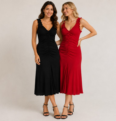 Damen Midikleid Rot Schwarz Rüschen Stretch Sommerkleid Gr. 36 38 40 42 Neu 805