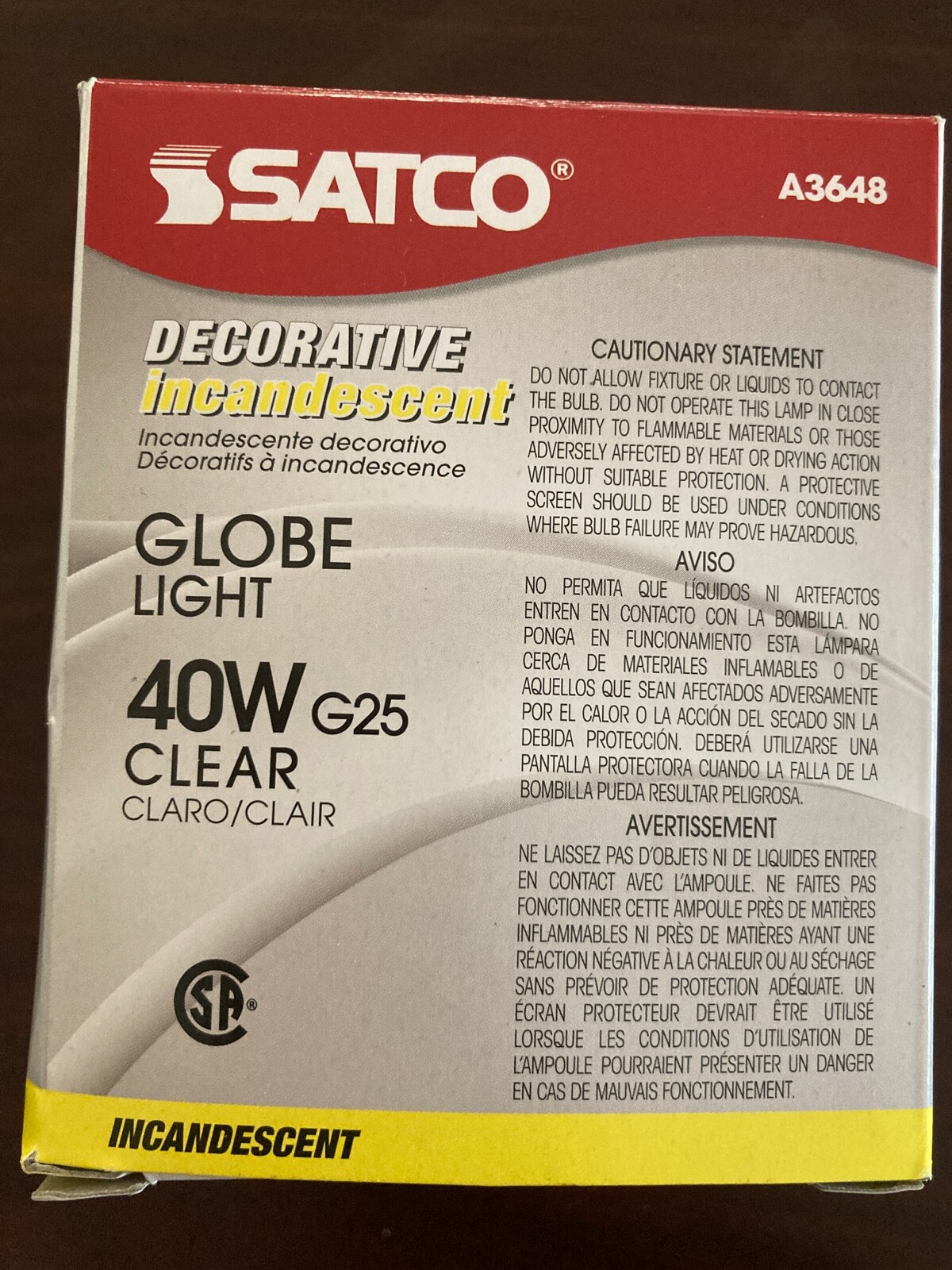 40 WATT CLEAR DECORATIVE BULB - SATCO BRAND, WARM  ***NEW IN BOX***