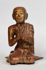 19th Century, Mandalay, Antique Burmese Wooden Seated Disciple / Monk
