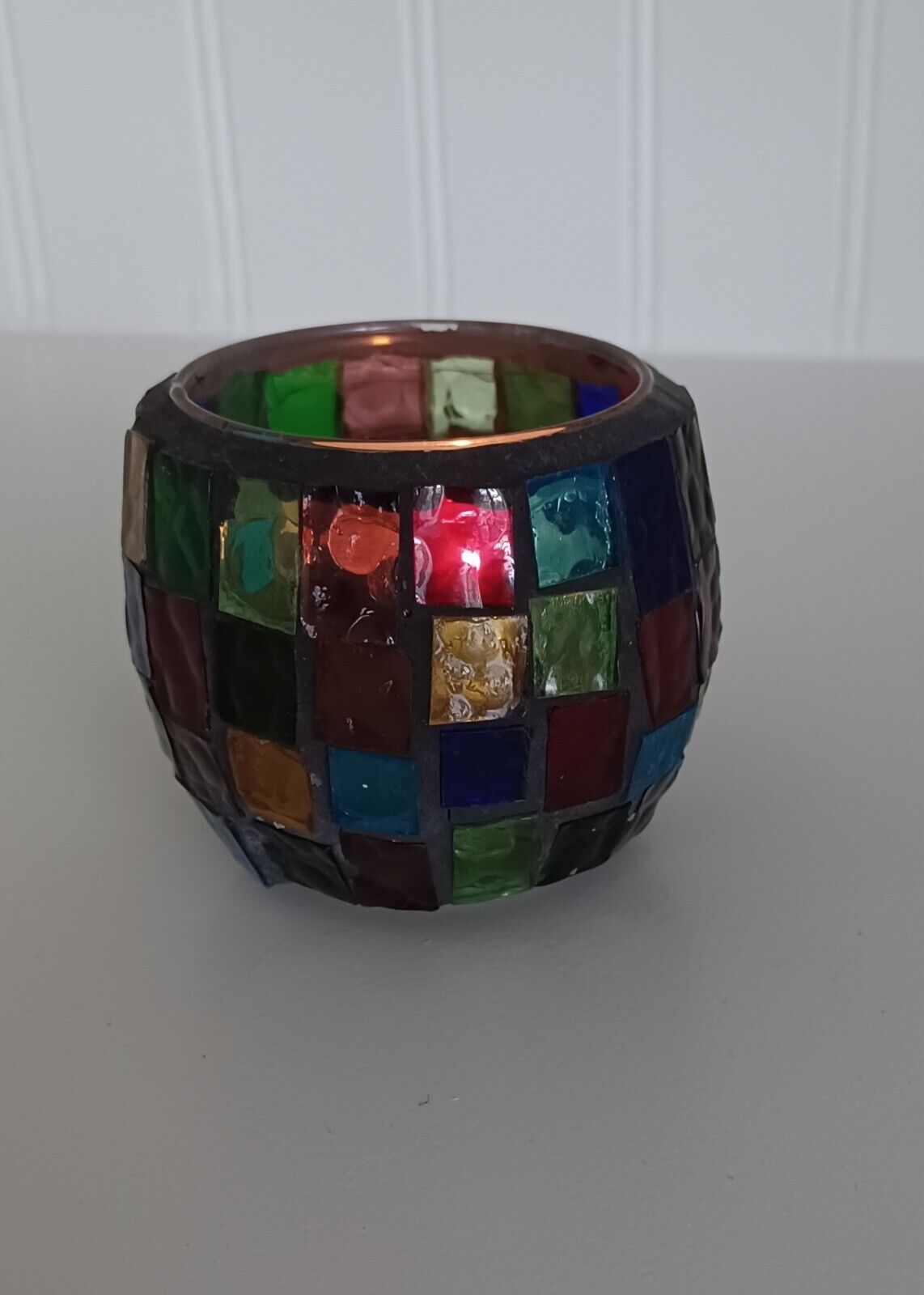 Vintage Stained Glass Mosaic Jewel-toned Votive Candle Holder