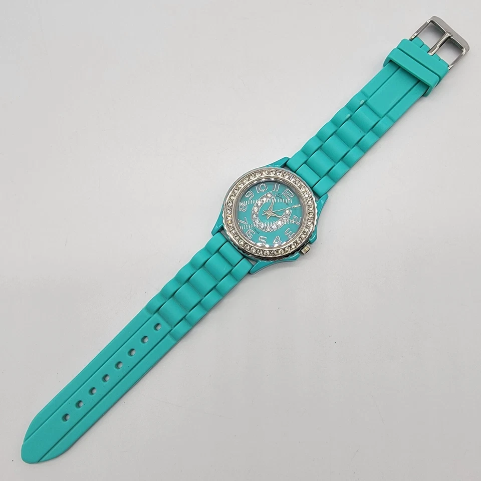 Reloj Geneva Platino 38mm Bisel Cristal Azul Menta Banda Silicona Batería Nueva * Foto 4 de 4