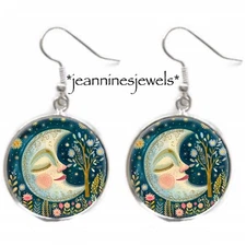 Crescent Moon Earrings Autumn Boho Art Print Bohemian Silver Charm Dangle