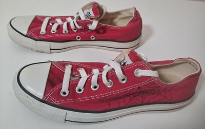 Converse All Star Red Low Top Sneakers Men s 7 Women's 9 Embroidered Web Design