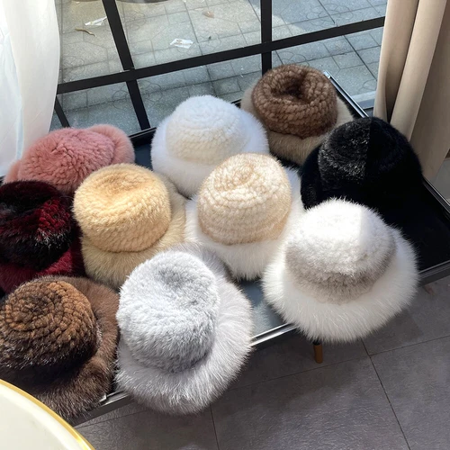 Cappello donna vera pelliccia di visone secchiello berretto caldo lavorato a maglia invernale con orlo pelliccia di volpe - Foto 11 di 31