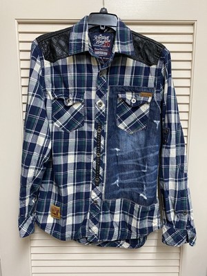 The Heritage America 1776 Shirt Mens Medium Plaid Flannel Leather Patchwork