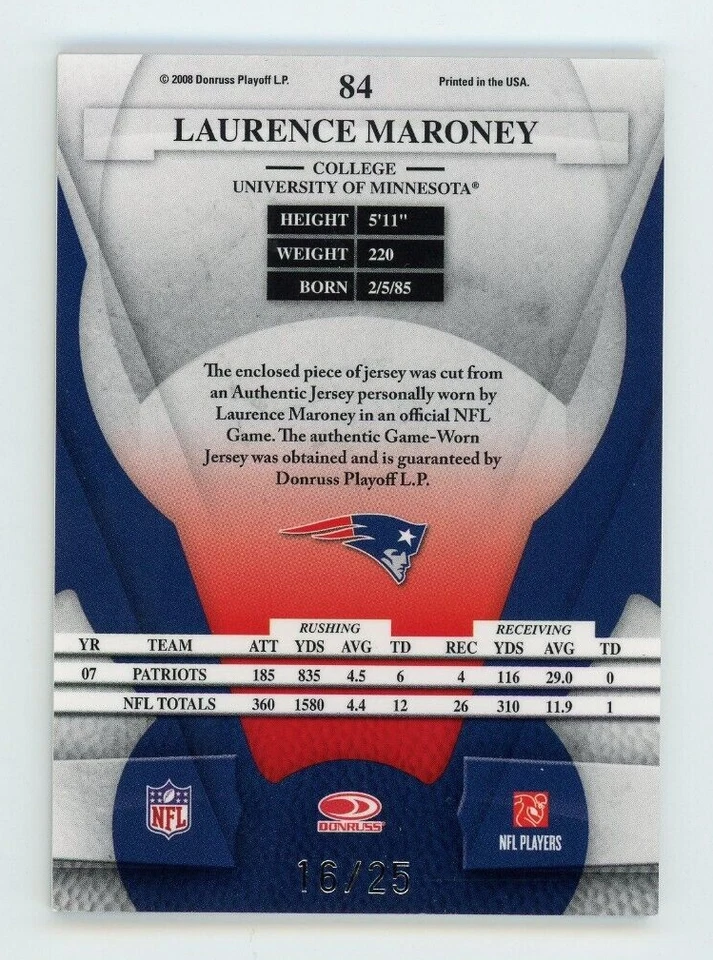 2008 Leaf Certified Laurence Maroney Patch Gold Mirror /25 Game Used Jersey SP - Image 2 of 2