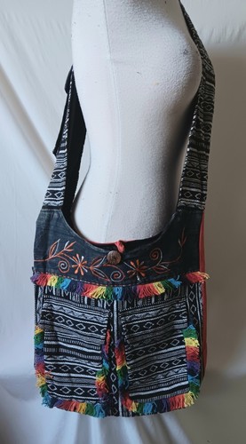 Boho Hippie Purse – Crossbody Fringed Cotton Festival Bag Handmade Nepal - Picture 4 of 11
