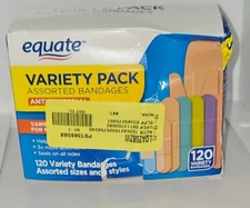 Equate Antibacterial Bandages Variety Pack, 120 Count-Box Damage
