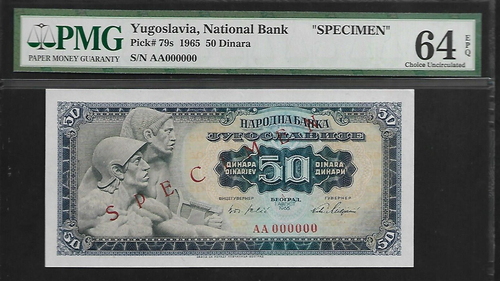 Yugoslavia Specimen 50 Dinara 1965 PMG 64 EPQ UNC P#79s PMG Population 2/5