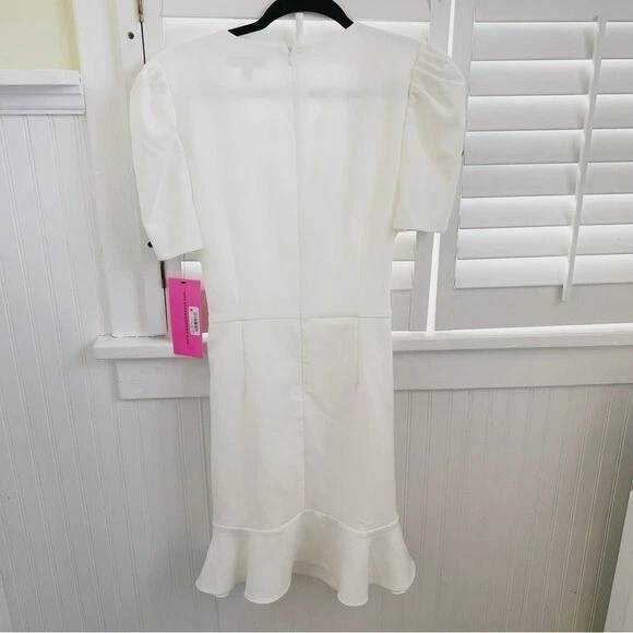 OFF WHITE Abito finto avvolgente Betsey Johnson nuovo con etichette bianco manica gonfia taglia 12