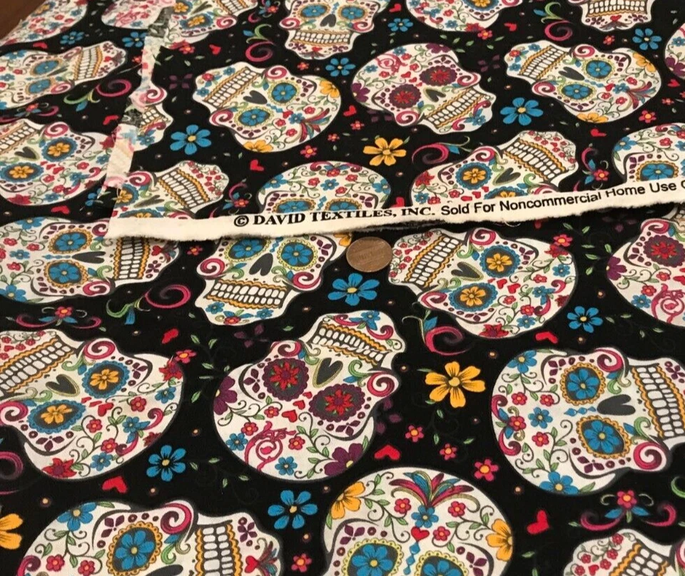 Sugar Skulls on Black * David Textiles * 100% Cotton Remnant * 21" x 8" - Image 4 of 4