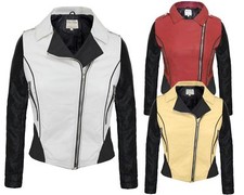 Ladies Women Coat Pvc Pu Faux Leather Contrast Bomber Biker Jacket Side Zipped