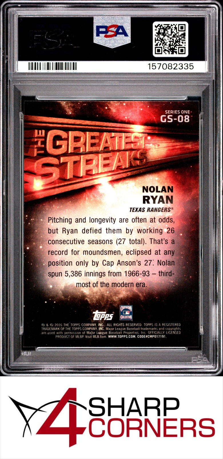 2016 TOPPS THE GREATEST STREAKS #GS-08 NOLAN RYAN HOF POP 5 PSA 10 view 2