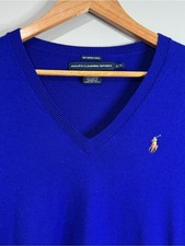Ralph Lauren Sport Womens Royal Blue 100% Merino Wool V Neck Sweater Pony XL