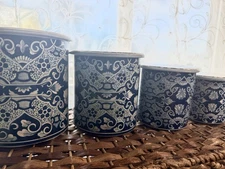 Vintage Delft Holland Nesting Tin Canisters 4 Piece Set MCM Blue White