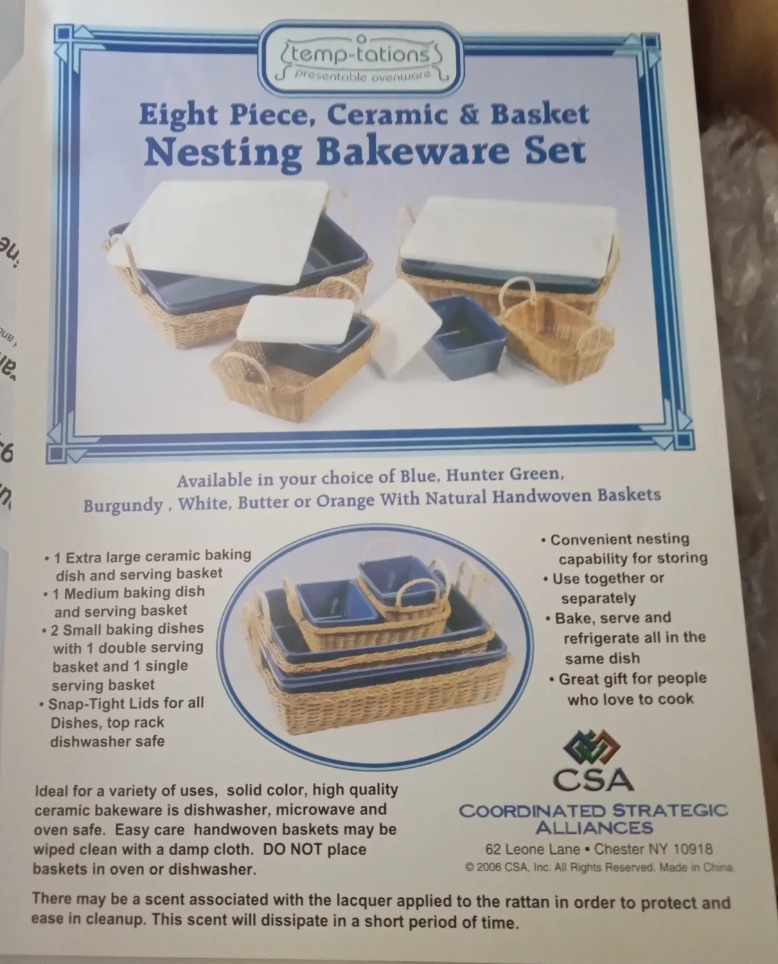 2006 Temp-tations 8-Piece, Ceramic & Basket Nesting Bakeware Set NIB *lid flaw