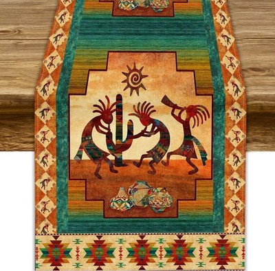 African Kokopelli Table Runner, Southwestern Native American Aztec Ethnic Pri...