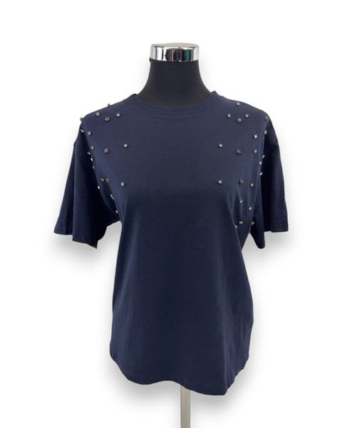 Sinsay Damen T-Shirt Gr. M Marineblau Zierkristalle Oversize Baumwolle Shirt-image