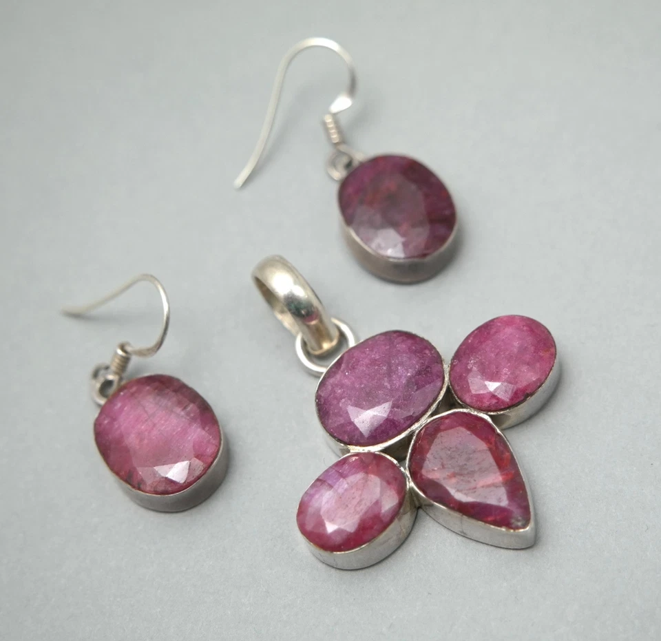 Sterling silver 925 raw ruby pendant earrings set - Image 3 of 4