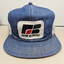 Vintage USA MADE K BRAND FB Farm Bureau Patch DENIM Trucker Hat Snapback Cap