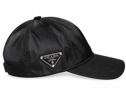 Prada Black Nylon Baseball Cap Silver Triangle Logo Adjustable Designer Hat