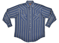Plains Western Wear Shirt Mens Large Blue Striped Pearl Snap Long Sleeve Cotton
