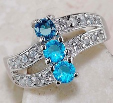 2CT Blue Topaz  White Topaz 925 Solid Genuine Sterling Silver Ring Sz 7 MK1-4