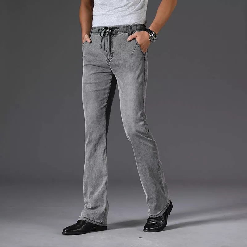 Men Bell Bottom Jeans Soft Thin Flared Denim Pants Trousers Drawstring Grey