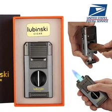 Lubinski 2 Jet Flame Cigar Lighter With Cigar V-cut Punch Holder Drill Tool Gift