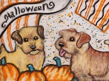 Signed 13x19 Art Print- Signed Artist KSams -Norfolk Terrier Halloween - Dogs