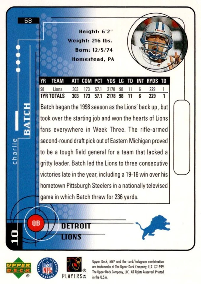 1999 Upper Deck MVP Charlie Batch Detroit Lions #68 - Image 2 of 2