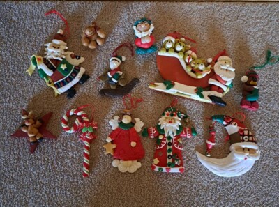 Set Of 11 Polymer Clay Christmas Ornaments Santa's Angel Candy Cane Bears Elf