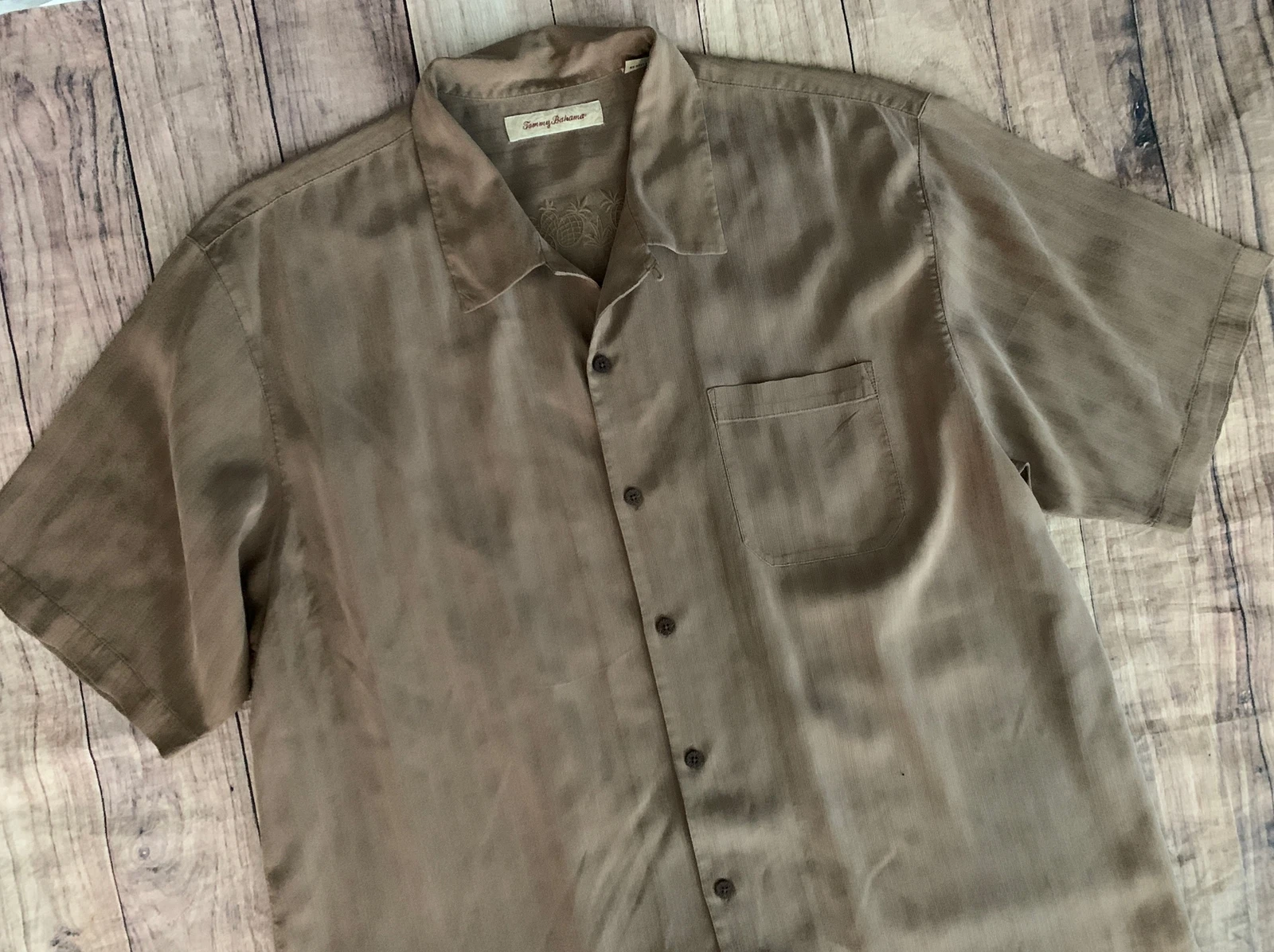 Men's TOMMY BAHAMA Tan/Brown Short Sleeve Silk Button Down Shirt Sz XL NICE