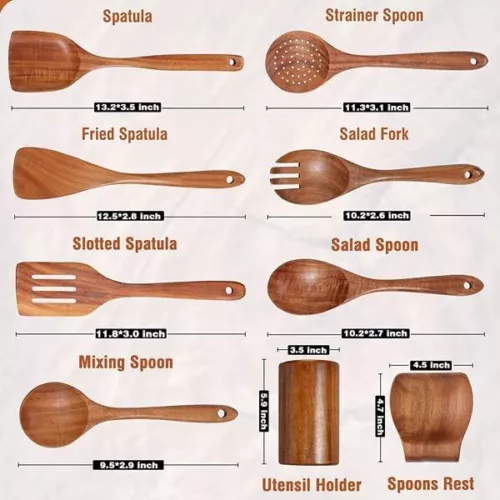 9PCS Wooden Utensils Set For Kitchen Handmade Natural Teak Wooden Cooking Spoons - Picture 2 of 12