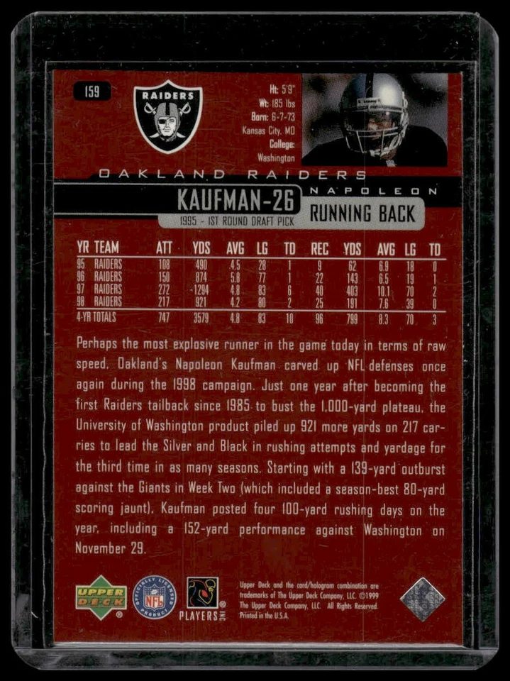 1999 Upper Deck Napoleon Kaufman #159 Oakland Raiders - Image 2 of 2