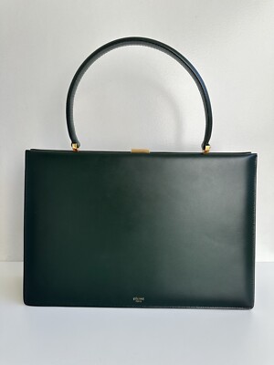 Celine Medium Clasp Bag Handbag Green Smooth Leather Gold Hardware