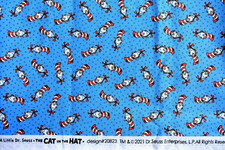 A LITTLE DR SEUSS CAT IN THE HAT PRINT BLUE 100 COTTON FABRIC BY THE 1/2 YARD