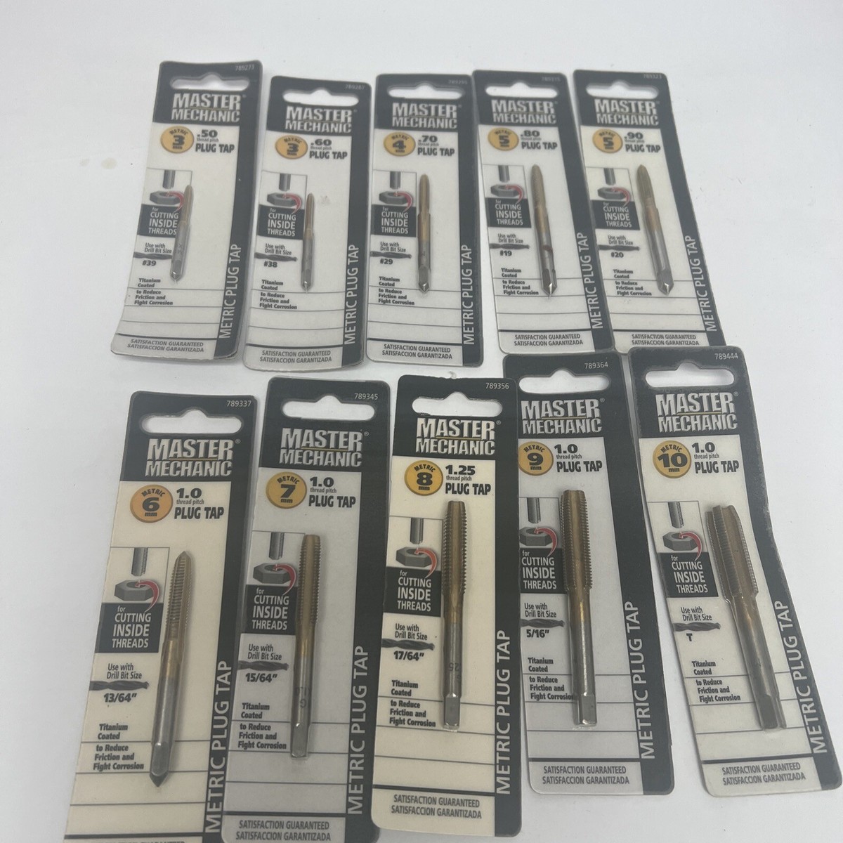 LOT OF 10 master mechanic Metric Titanium coated PLUG TAP 3-10mm