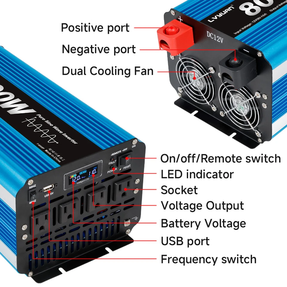 4000W/8000W Pure Sine Wave Power Inverter 12V to 120V W/ 4AC Remote Control Blue - Image 2 of 4
