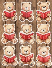 Teddy Bear Reading Die Cut Vinyl Stickers Set Scrapbooking Laptop Water Bottle