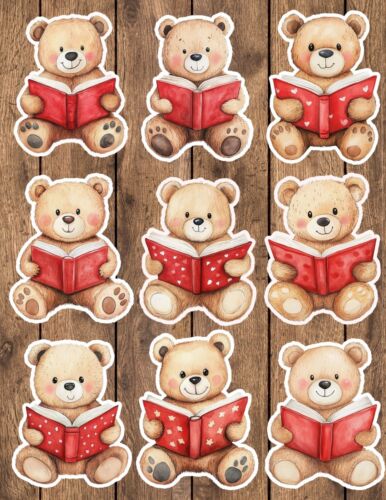 Teddy Bear Reading Die Cut Vinyl Stickers Set Scrapbooking Laptop Water Bottle